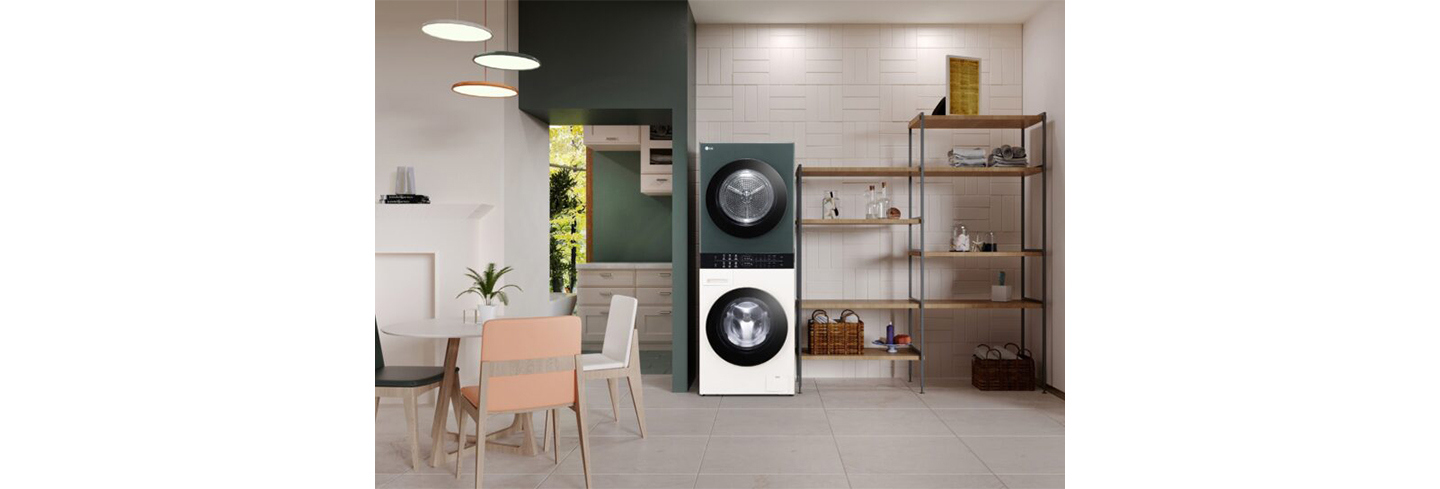 LG’s new WashTowerTM Compact Objet Collection is placed in the utility room next to the shelves.