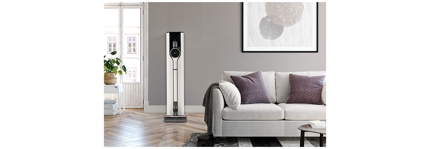 CordZero A9 Kompressor+ is placed on a charging station in the livingroom