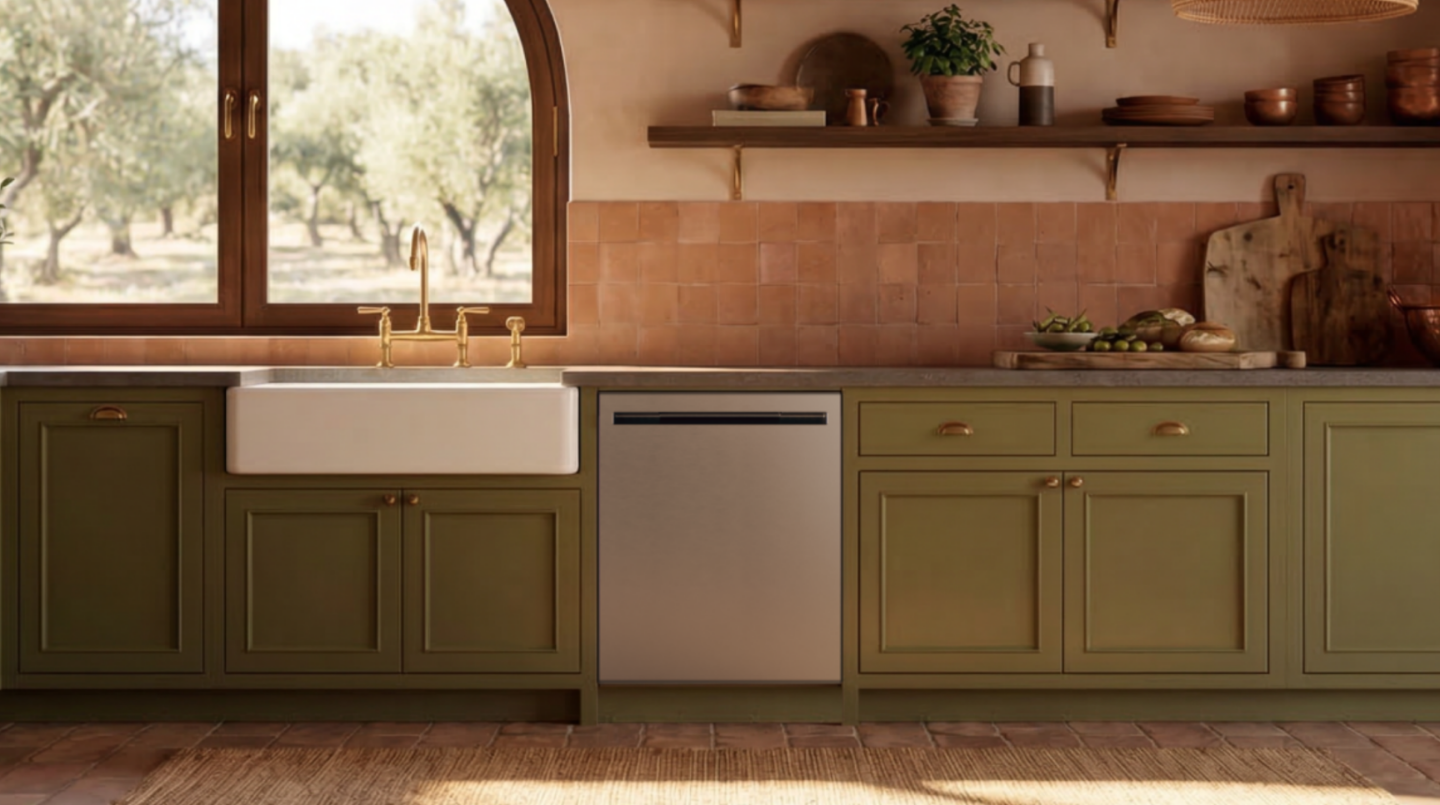 The new LG dishwasher is placed in a warm, rustic kitchen accented by olive-green cabinetry, natural wood textures and soft sunlight.