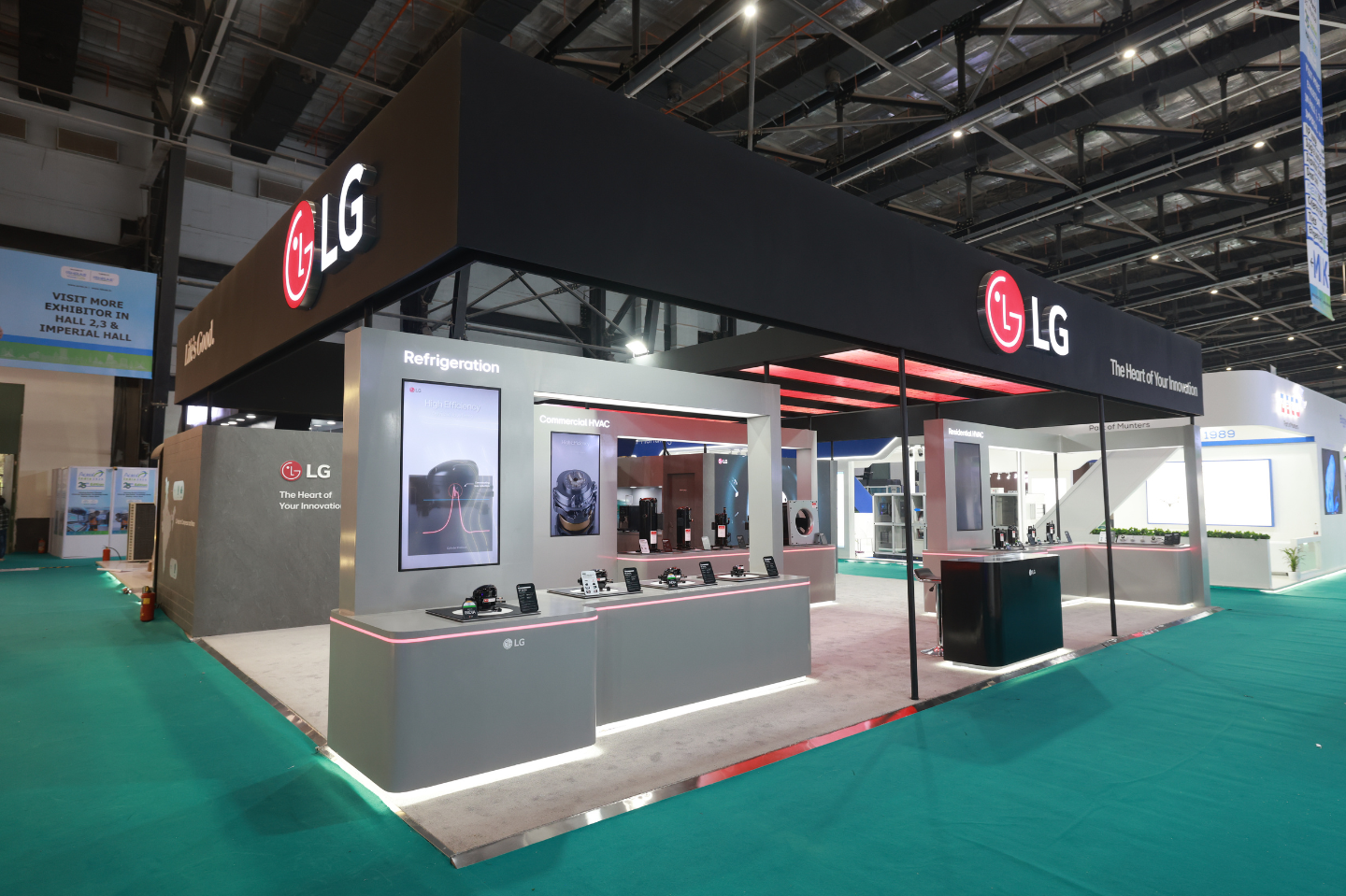 Product displays are arranged across an open layout throughout LG’s Residential HVAC, Refrigeration and Commercial HVAC zones at the company’s booth during ACREX 2026.