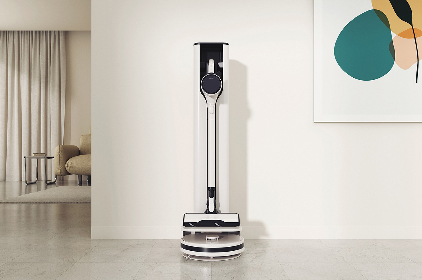 A photo of the LG CordZero™ All-In-One Tower Combi set up in a living space