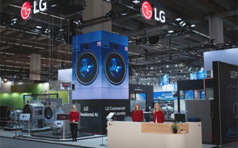 A photo of LG’s booth showcasing its PROFESSIONAL LAUNDRY lineup at Texcare International 2024