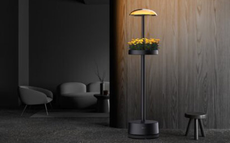 A photo of the new LG indoor gardening appliance with a modern floor-standing lamp design set up in a living space 