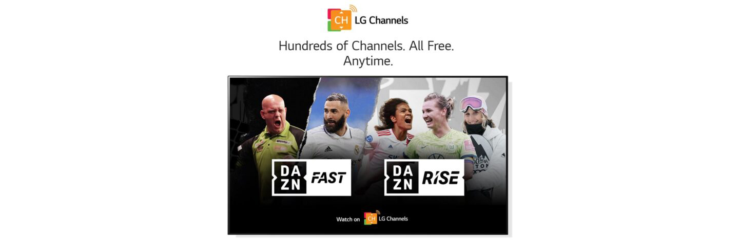 A promotional image for LG Channels displaying the DAZN streaming sports channels with the phrase ‘Hundreds of Channels. All Free. Anytime’ above
