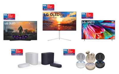 Clockwise from top-left: EISA Award honorees LG OLED TV, LG OLED evo, LG QNED Mini LED TV, LG TONE Free and LG Eclair