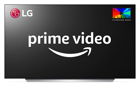 An LG TV displaying the Prime Video logo in the center of the screen with smaller LG and Filmmaker Mode logos in the top corners.
