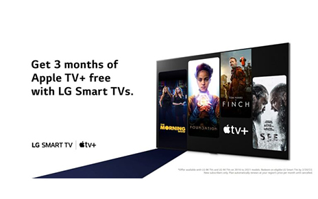 The promotional phrase ”Get 3 months of Apple TV+ free with LG Smart TVs” next to a TV displaying four popular shows available on Apple TV+. 