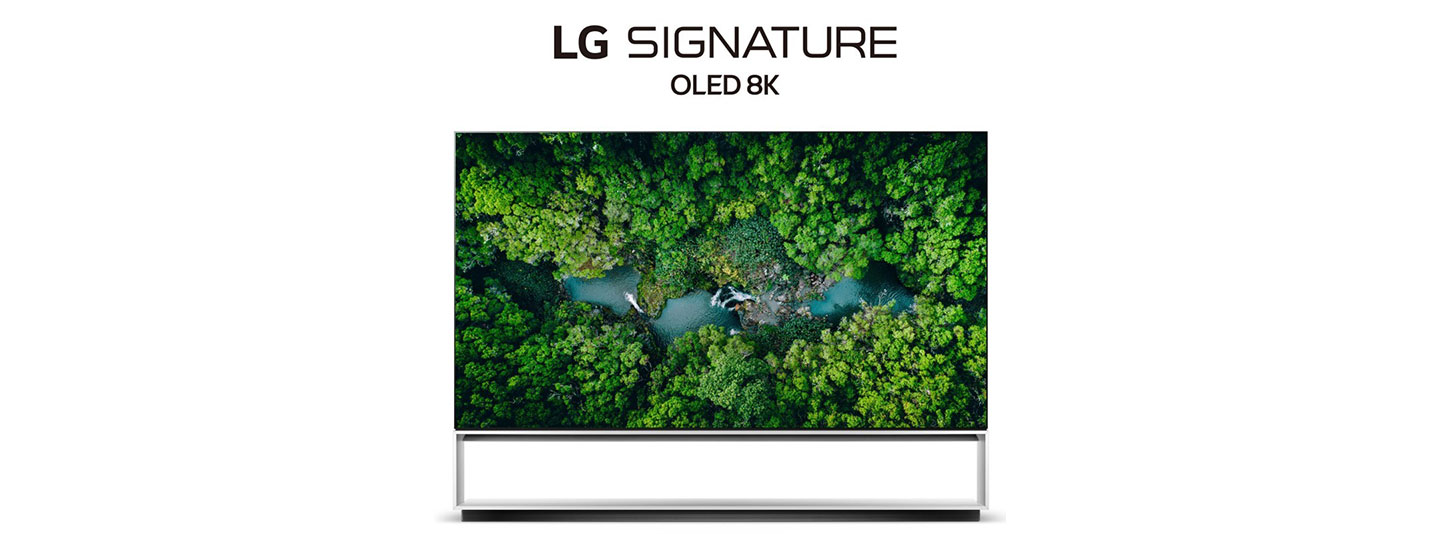 Front view of LG’s 2020 Real 8K OLED TV with the LG SIGNATURE OLED 8K logo positioned above.