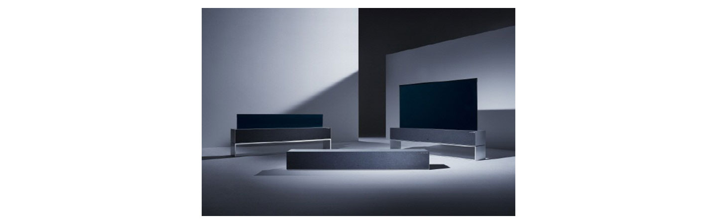 A view of LG SIGNATURE OLED TV R model 65R9 in three different viewing options on display.