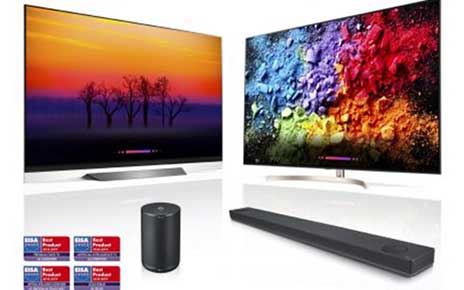 LG’s AI ThinQ-enabled products including OLED TV, LG SUPER UHD TV, LG XBOOM and LG Soundbar above four EISA AWARD logos.