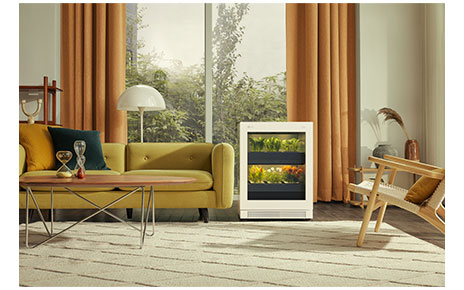 A front view of LG tiiun Nature Beige indoor gardening appliance next to a sofa in a living room.