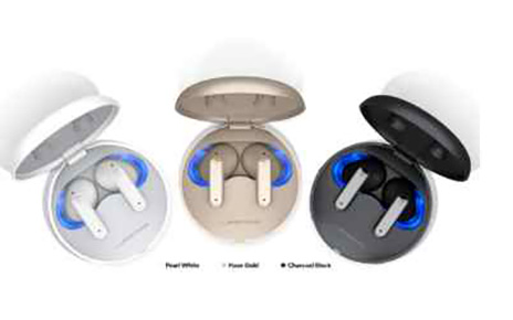 The LG TONE Free FP8 lineup emerging from their charging cases beside the CES 2021 Innovation Awards and red dot winner 2021 logos 