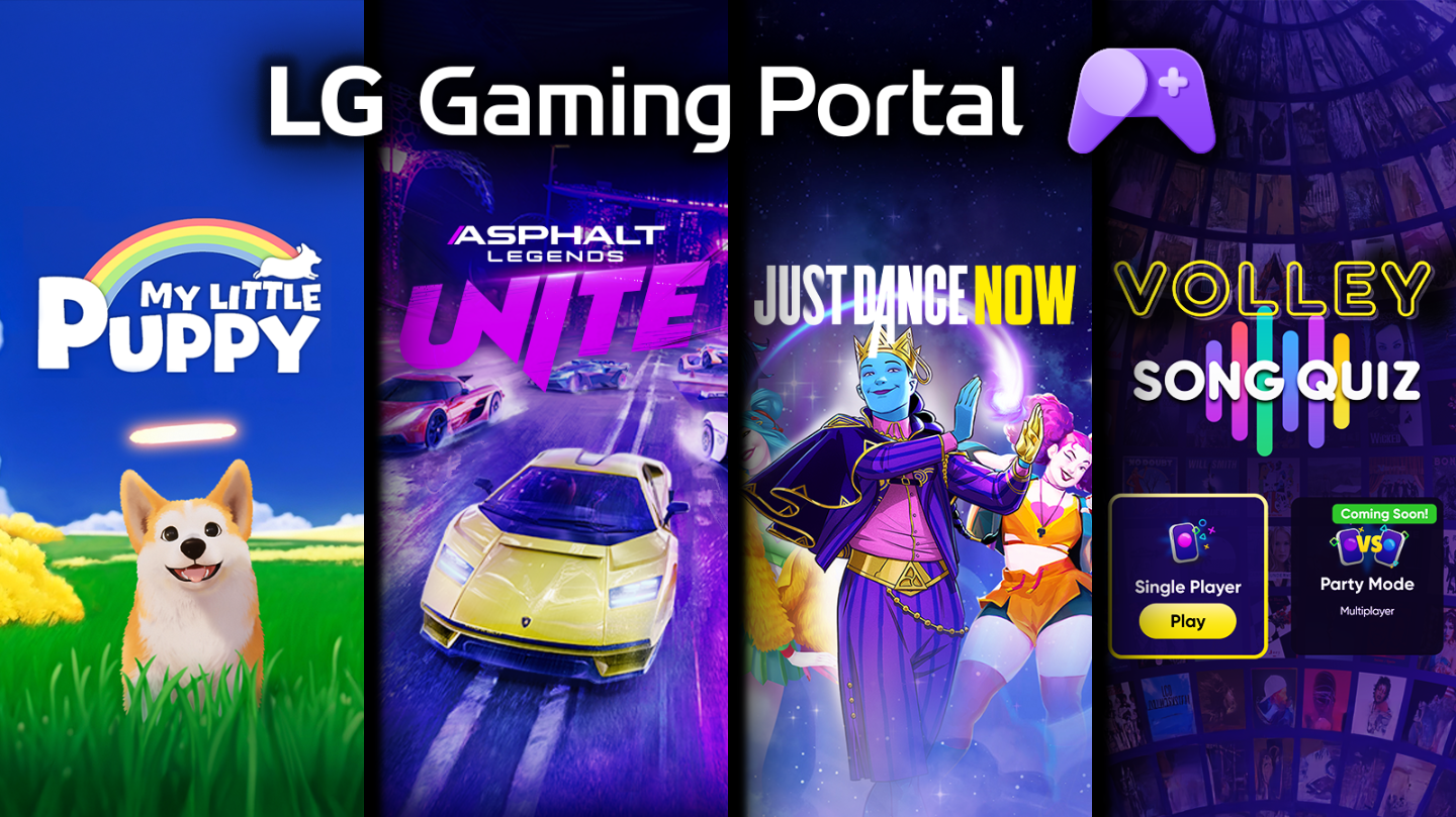A promotional graphic for LG Gaming Portal showcases four game titles, set against a purple-themed backdrop.