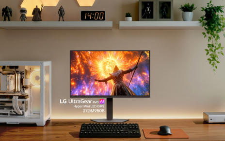 Vivid fantasy visuals are displayed on an LG UltraGear evo AI Mini LED GM9 with a minimalist desk setup.