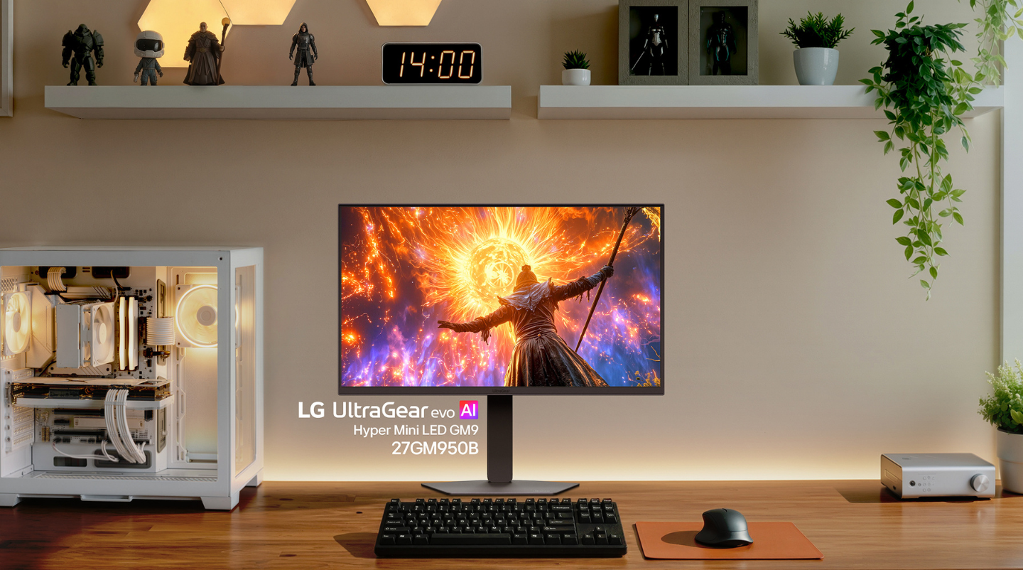 Vivid fantasy visuals are displayed on an LG UltraGear evo AI Mini LED GM9 with a minimalist desk setup.