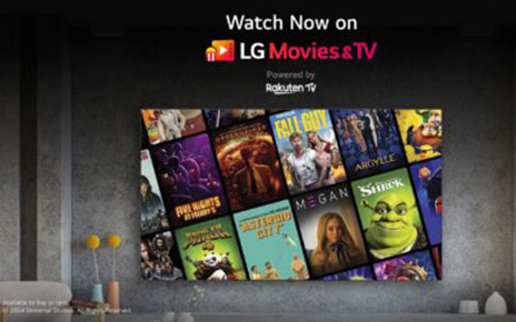 A promotional image showcases the LG Movies & TV event, featuring posters of content on an LG TV