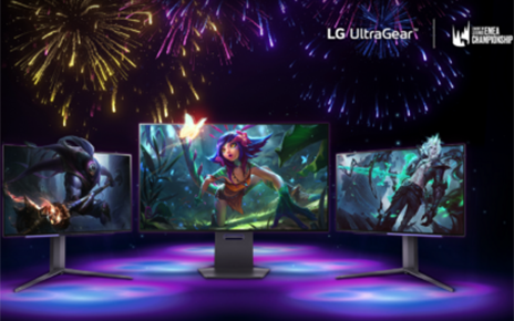 Three LG UltraGear monitors showcase gaming visuals, with the LG UltraGear and League of Legends EMEA Championship logos featured at the top of the image