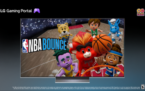 An LG Smart TV displays the title screen of NBA Bounce on LG Gaming Portal, featuring cartoon-style NBA mascots and player characters.