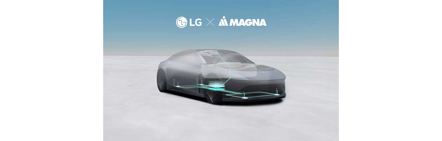 Design image featuring the logos of LG and Magna alongside a vehicle on a sky background