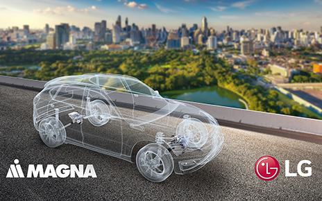 Illustration of a see-through electric vehicle cruising past the city skyline of Chongqing during the day, with the logos of LG and Magna below