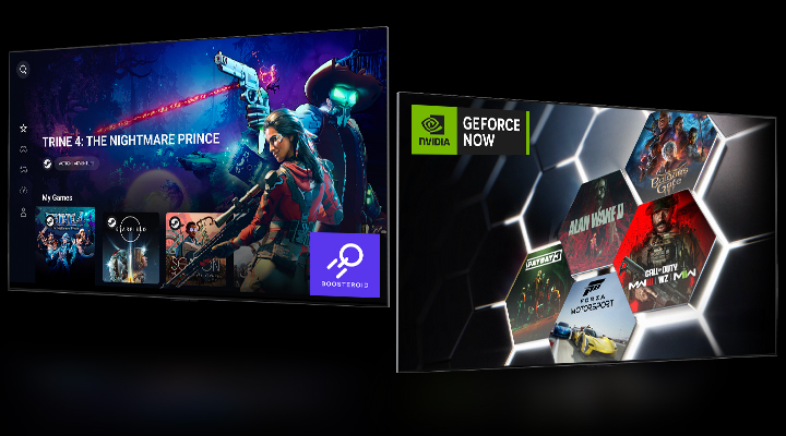 A Boosteroid home screen image showing "Trine 4: The Nightmare Price" on the left. A GeForce NOW home screen showing five different game thumbnails on the right.