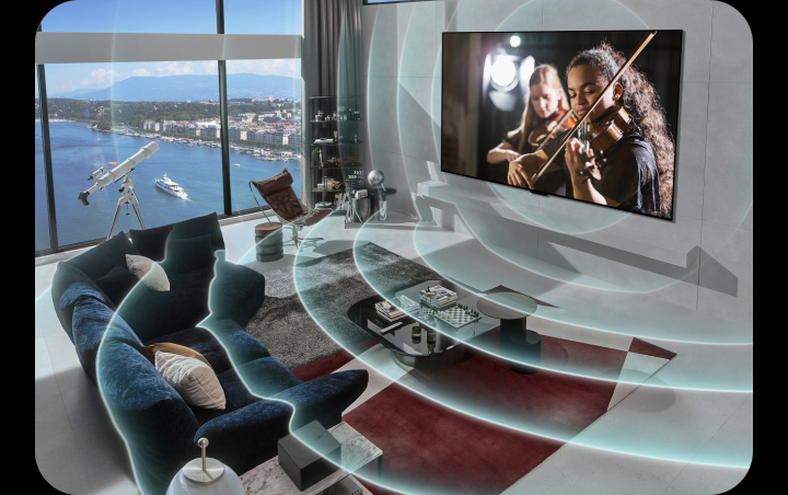 LG SIGNATURE OLED M4 in a modern city apartment. A grid overlay appears over the image like a scan of the space, and then blue soundwaves project from the screen, perfectly filling the room with sound.