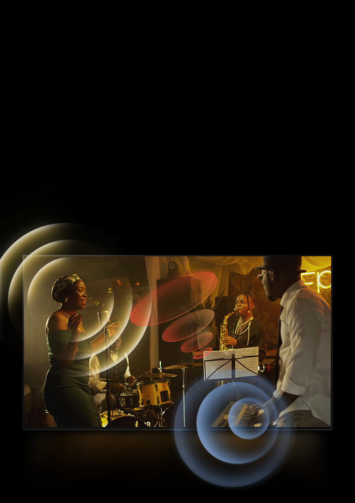 LG SIGNATURE OLED M4 showing musicians performing, with bright circle graphics around the microphones and instruments.