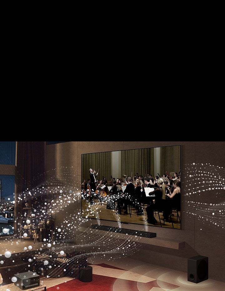 A concert is playing on the screen and white circles emit from the LG SIGNATURE OLED M4 and LG Soundbar around the room.