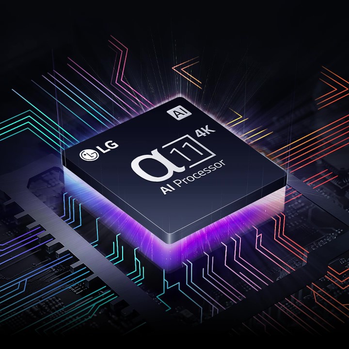 LG's alpha 11 AI Processor 4K barely visible amidst darkness. The AI Processor lights up purple and pink, and colorful bolts of light shoot out from it. More bolts appear across the motherboard, stretching further.