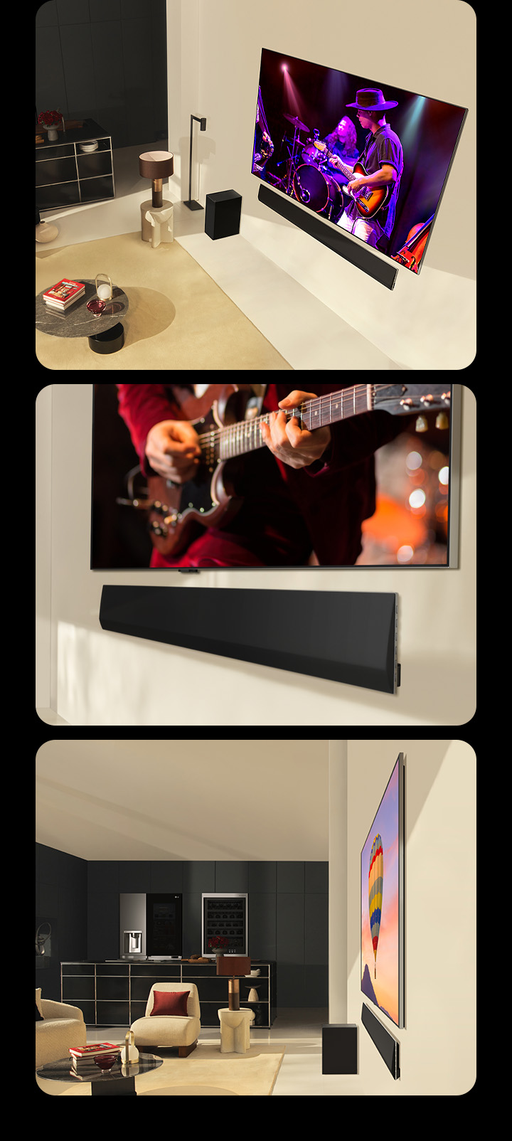 Three images are shown in sequence. Firstly, a couple watching a concert playing on an LG OLED evo G4 with the perfectly matching LG Soundbar SG10TY in a modern living space, while a same image with a man watching the TV is shown in mobile device. And the below, one shows an angled perspective of the bottom of an LG OLED TV and LG Soundbar. And the other shows a side profile view of an LG OLED evo G4 and LG Soundbar SG10TY, both with incredibly thin dimensions and virtually zero gap against the wall.