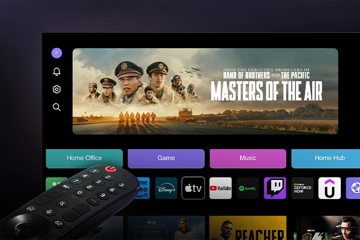 The LG Magic Remote points at an LG TV displaying the WebOS home screen.