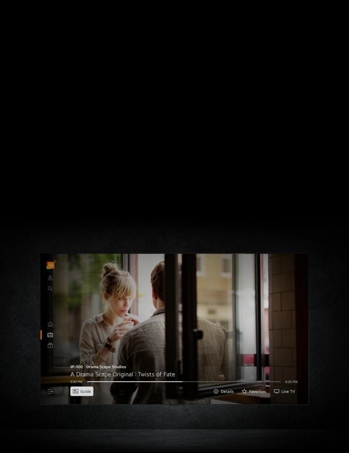 A user selects LG Channels from the LG TV's home screen. The cursor then clicks to continue watching a favorite drama series.