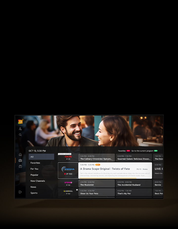 An LG TV has an overlay of the TV schedule displayed over the currently playing TV show.
