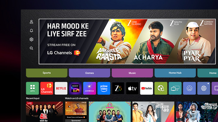 LG Smart TV interface featuring animated category boxes seamlessly transitioning into the webOS home screen, showcasing personalized content access through a unified smart hub.