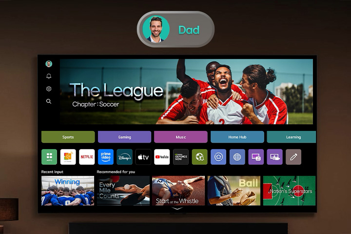 LG Smart TV with webOS home screen on the right and a floating profile image on the left transitioning from dad to mom, highlighting personalized user accounts and tailored content recommendations.