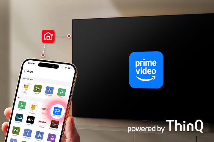 Person holding a smartphone with LG ThinQ app open in front of an LG Smart TV displaying the Prime Video logo, illustrating one-tap app launching from phone to TV.