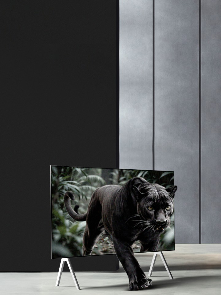 Panther in a jungle seemingly coming out of an LG TV screen on a stand. Lines appear as if AI is analyzing the panther and then the background. The overall image is enhanced showing how AI Perceived Object Enhancer brings 3D depth to every scene. 