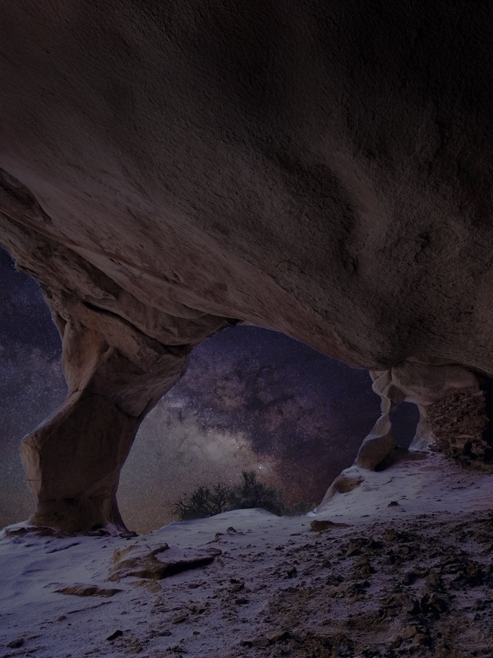 Dull evening nature landscape, view of the night sky from under a rock formation. Graphics appear to show the visual enhancement process of OLED Dynamic Tone Mapping Pro. The resulting landscape has much better contrast, with stars now visible against the night sky, darker blacks, and brighter whites overall. 