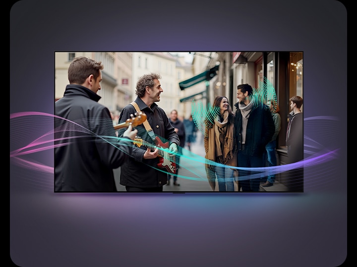 A busy street filled with people. A couple is walking having a conversation. A couple of street performers are playing guitar. Abstract soundwaves are coming from the guitar players and the couple representing how every sound element can be heard clearly with AI Object Remastering. 