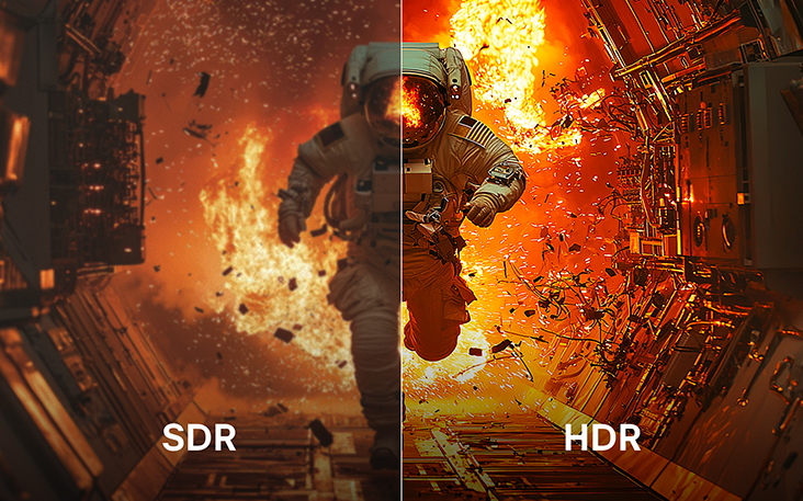 Scene of an astronaut running away from an explosion which is split in half. On one side, the colors and contrast are dull, this is labeled SDR. On the other, it's sharp and vivid, this is labeled HDR.