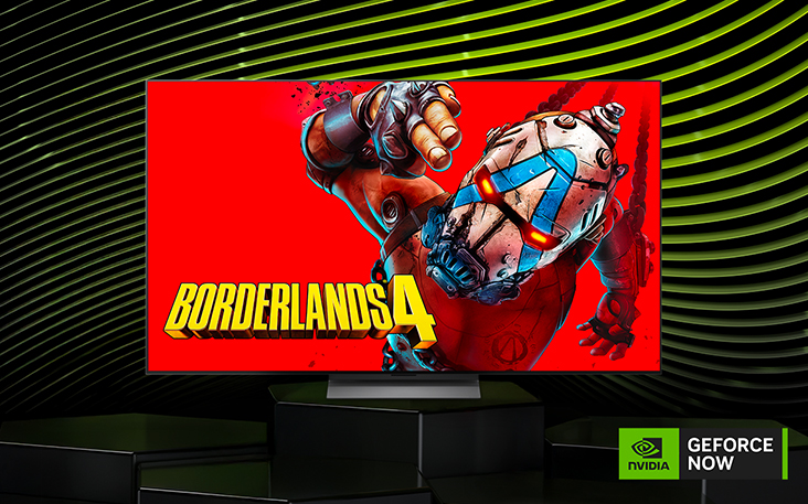 LG TV with a poster of a popular game on its screen. NVIDIA GeForce NOW logo is visible.