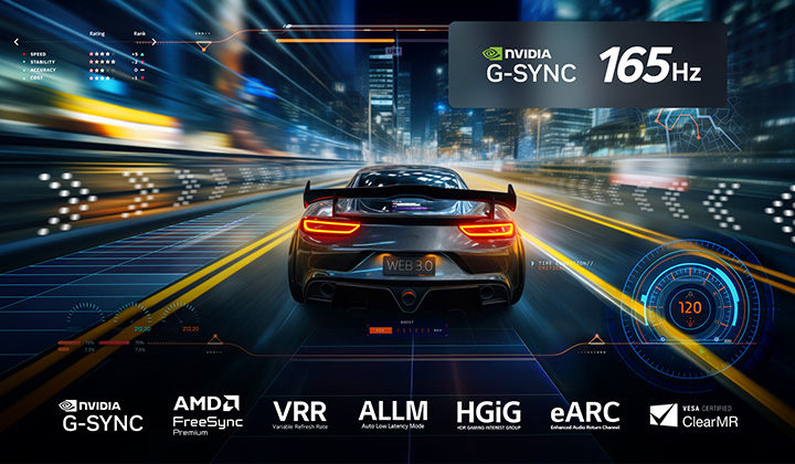 Car racing game that looks vivid, completely in focus without any distracting motion blur. Nvidia G-Sync logo and 165Hz logo is visible. Other gaming certifications are also seen on the bottom showcasing the LG TV's great gaming performance.