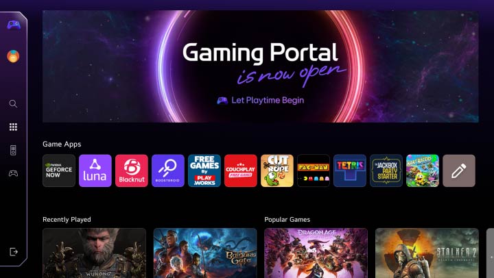 Gaming Portal home screen. Cursor moves and clicks to show many popular game titles, and the added function of being able to select games depending on the type of controller you have whether it's a game pad or the remote control. 