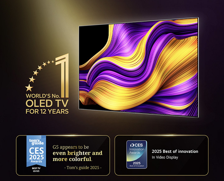 LG OLED TV with the world's number one OLED TV for 12 years emblem. Awards won also featured. Tom's Guide 2025 CES Awards, Best TV, G5 appears to be even brighter and more colorful. 2025 CES Innovation Awards, 2025 Best of Innovation for the video display category.