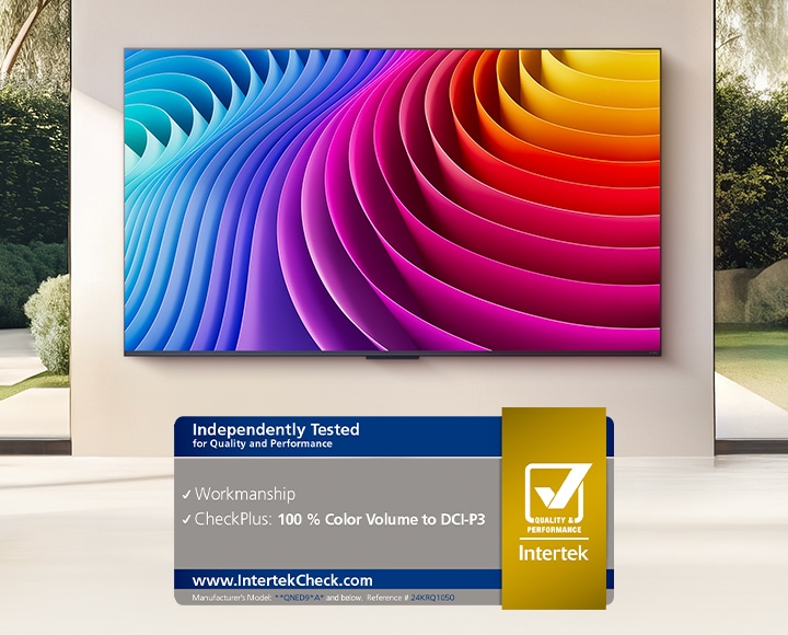 LG QNED evo TV mounted on the wall. Image on the screen shows the wider color expression from its Dynamic QNED Color Solution. Intertek certification for 100% Color Volume to DCI-P3 is also visible.