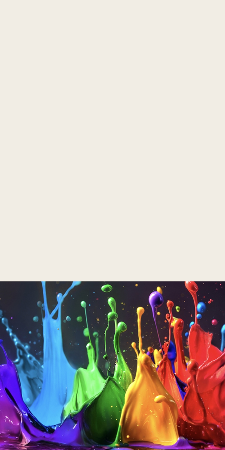 Colorful paint splashes are frozen in time. Each color is vivid and rich showcasing the Dynamic QNED Color Solution's ability to display a wider range of colors.