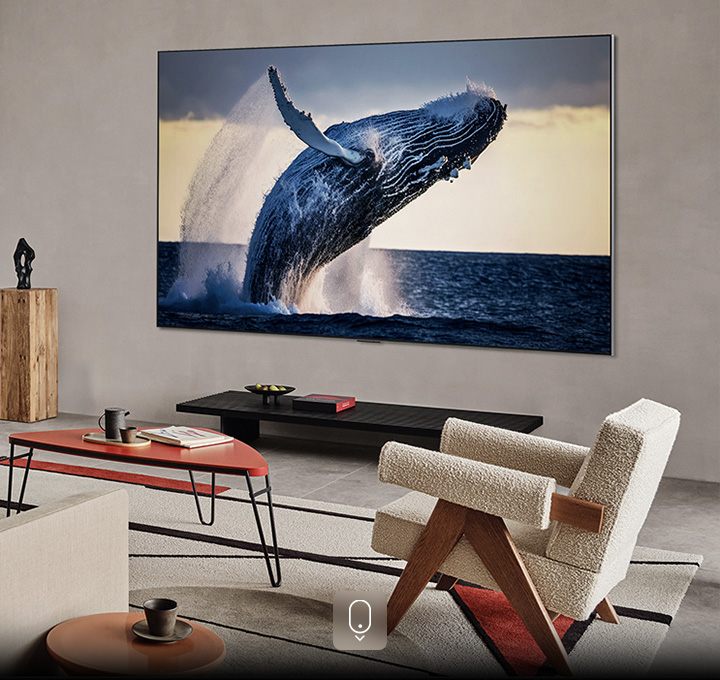Living room with a TV mounted on the wall. Screen shows a high quality image of a whale leaping out of the water.