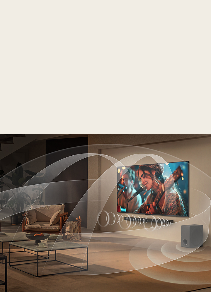 Living room with an LG NanoCell TV and LG Soundbar with graphics representing how both devices fill the space with multi-surround sound.