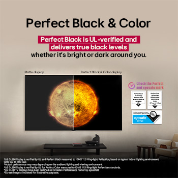 LG OLED TV showing a visual comparison between a display with Perfect Color and Perfect Black and one without. UL and eyesafe certifications are visible with text prompting to check the marks.