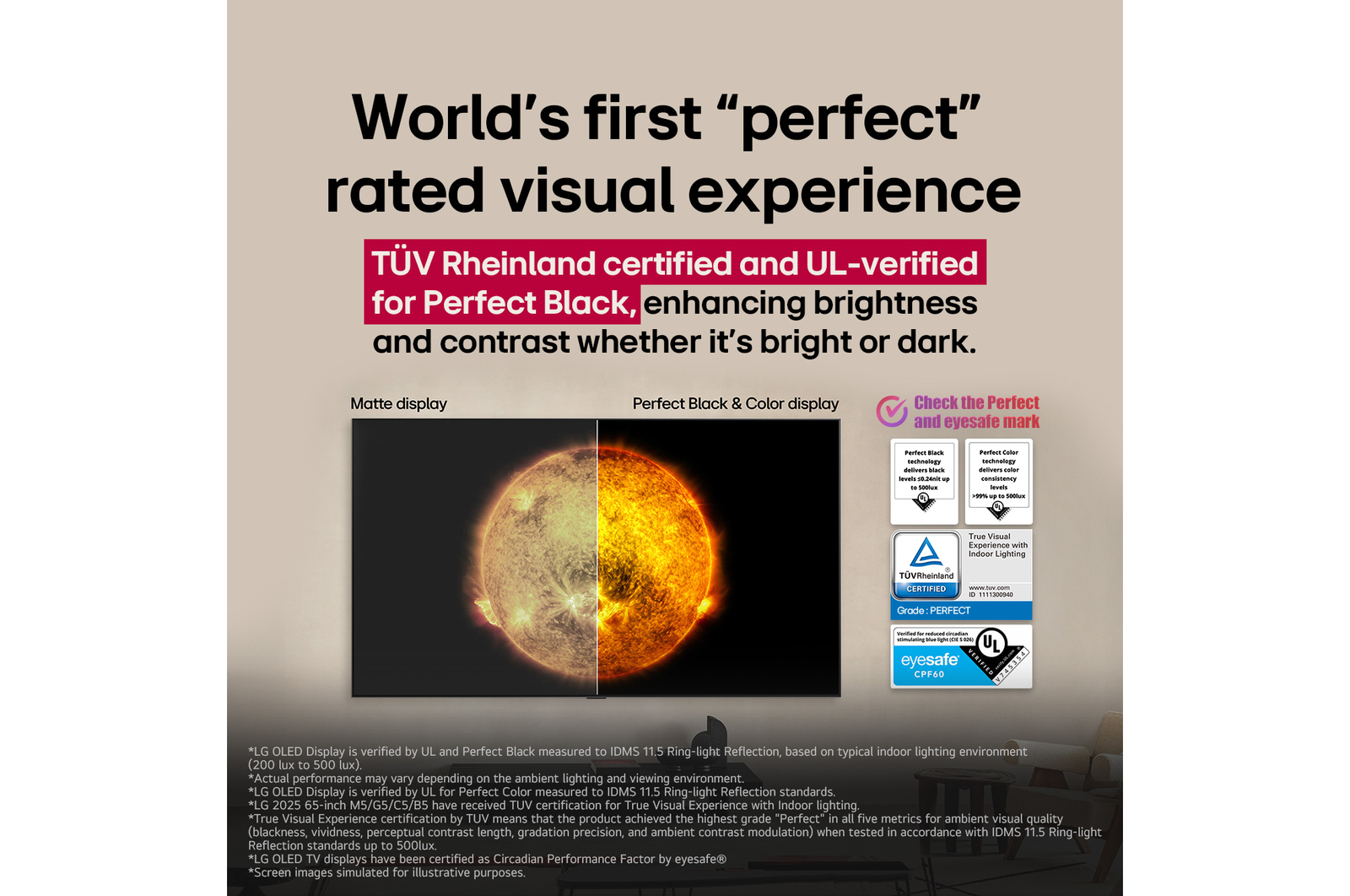 LG OLED TV showing a visual comparison between a display with Perfect Color and Perfect Black and one without. UL and eyesafe certifications are visible with text prompting to check the marks.